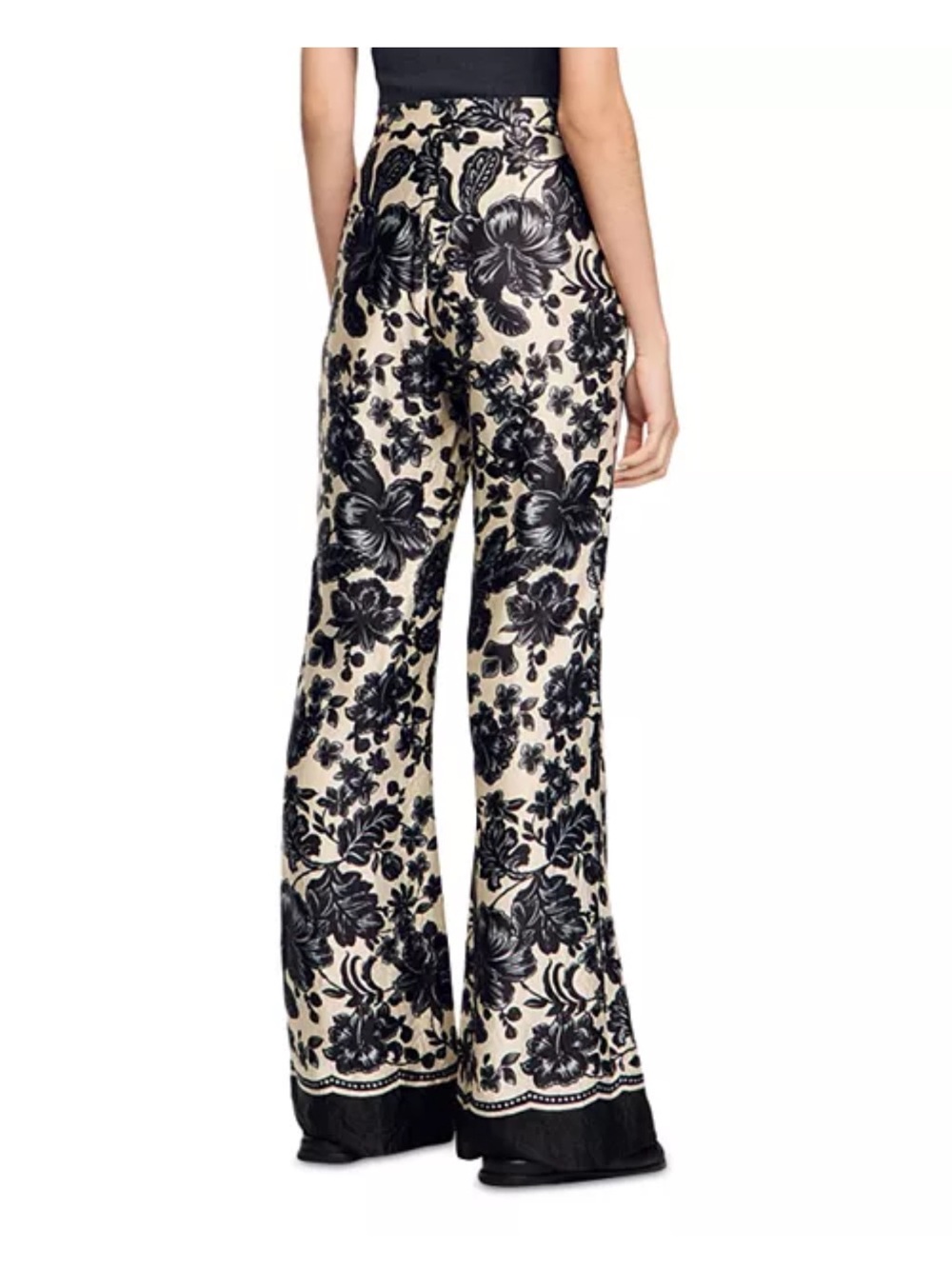 Sandro Cream Wide-Leg Pants with Black Floral Jacquard